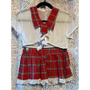 Avidlove Womens Schoolgirl Cosplay Costume Set Red Plaid Skirt & Sheer White Top